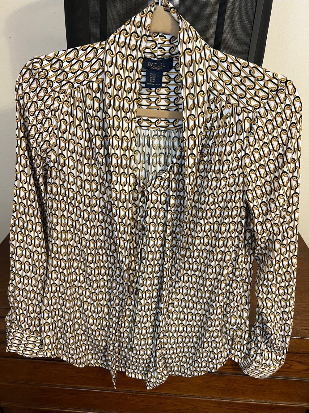 Rachel White and Gold Chain-Print Button-Down Blouse